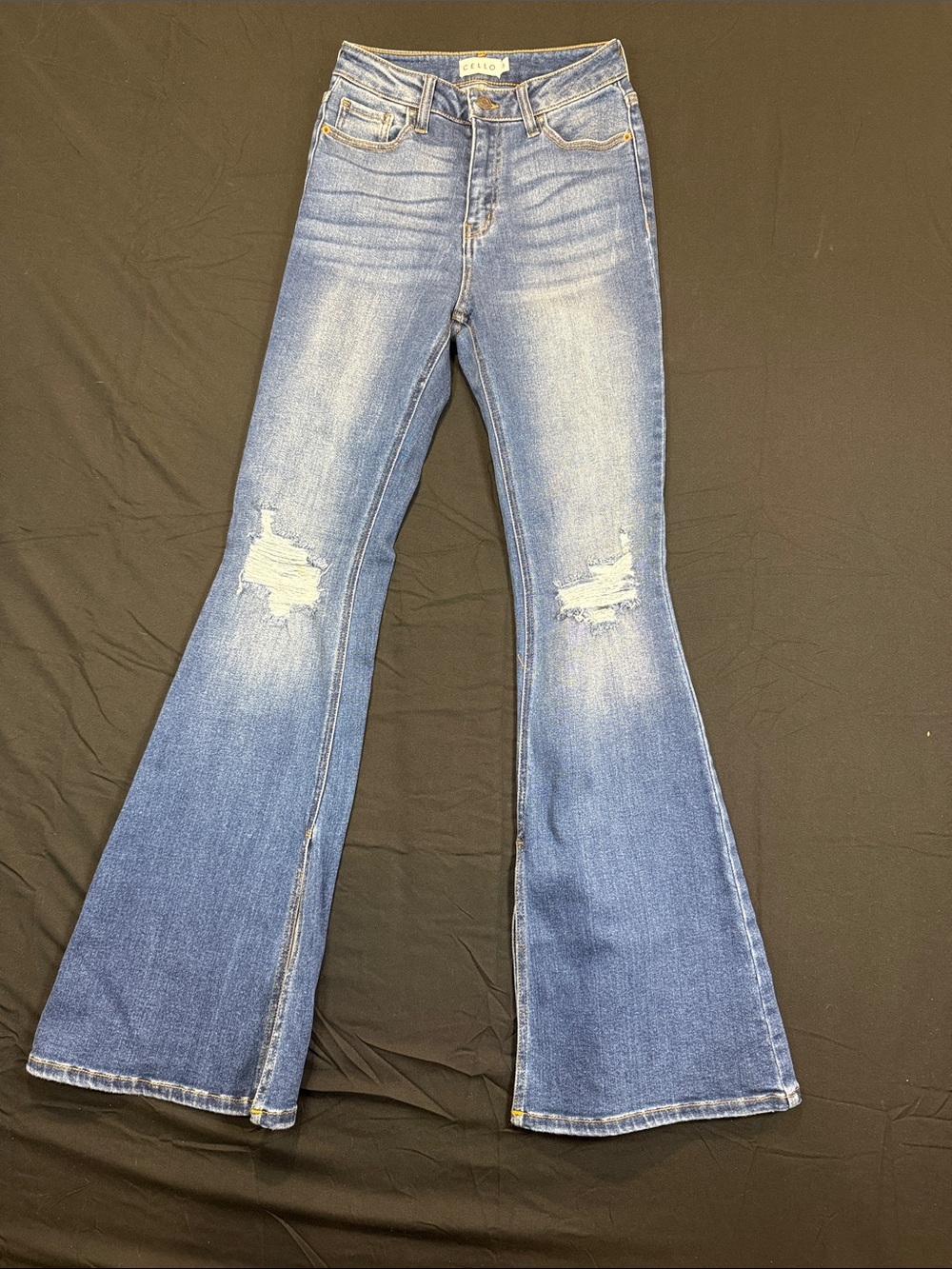 Cello Women's Medium Blue Distressed Flare Jeans Size 5 Bootcut Y2K Tall Long